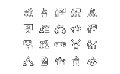 Business Presentation and Communication Icons: Meeting Graph Projector and Teamwork.