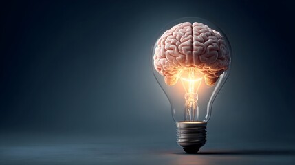 Human brain beside glowing light bulb symbolizing creativity and innovation. Concept of ideas and intelligence.
