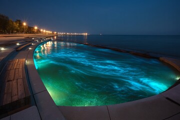 Nighttime Waterfront Swimming Pool with Illuminated Blue Water and City Lights