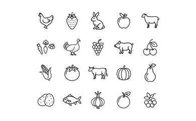 Collection of Farm Animals and Produce Icons in Black Outline Style.