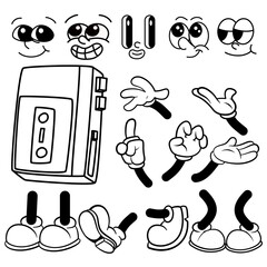 set of doodle icons for your design. carton groovy walkman retro  icons. hand drawn vector illustration body part, face, hand, feet