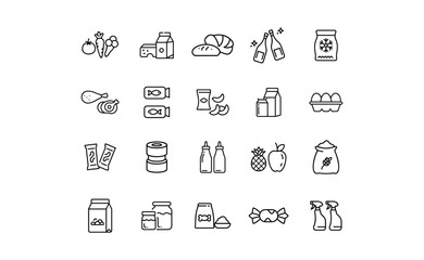 Collection of Grocery Food and Drink Line Icons.