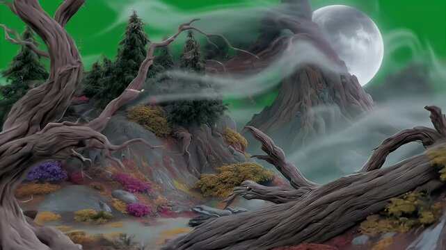 Pixelated Fantasy Landscape with Mountain and Moon Under Bright Lighting Isolated on Green Screen Featuring Lush Foliage and Mist