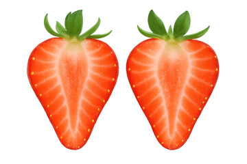 Ripe strawberry halves revealing vibrant red flesh, highlighting natural texture against clean transparent surface