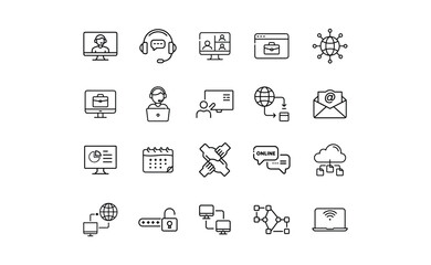 Collection of Black Outline Communication and Networking Icons.
