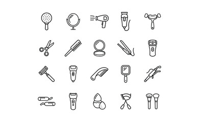 Collection of Minimalist Beauty and Grooming Icons in Black Outline Style.