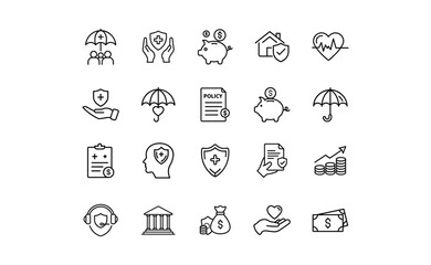 Collection of Financial and Health Protection Line Icons.