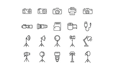 A collection of photography equipment icons, including cameras, lenses, memory cards, lights, and other accessories, arranged in a grid.