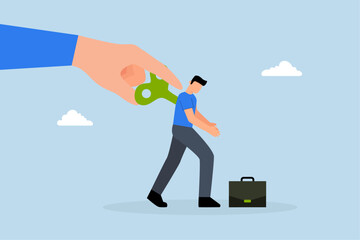 manager big hand turn wind up key to motivate businessman office worker.