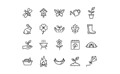 Collection of outline icons representing spring season elements like bee, butterfly, plant, rabbit, flower, and outdoor activities.