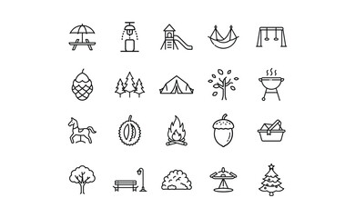 Collection of simple line art icons depicting outdoor recreational activities and park elements.