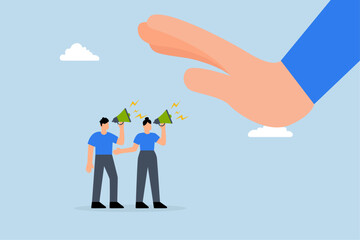employees of company shout big negative hand to managers with megaphone.