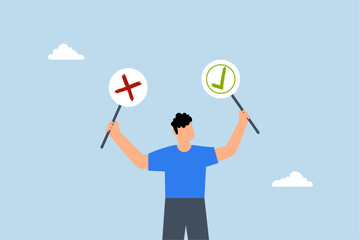 thoughtful businessman holds right or wrong left and right hand when making decision.