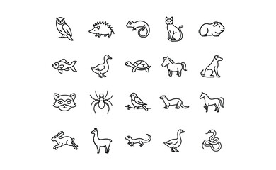Simple line art illustrations of various animals in a grid format.