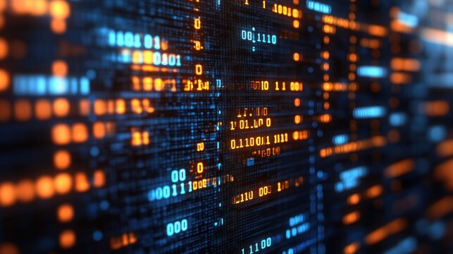 Digital code stream, glowing binary data