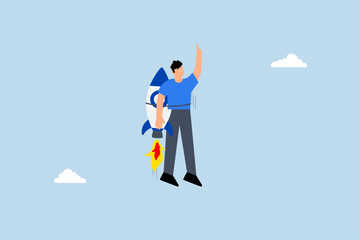 businessman flying high with jetpack rocket booster.