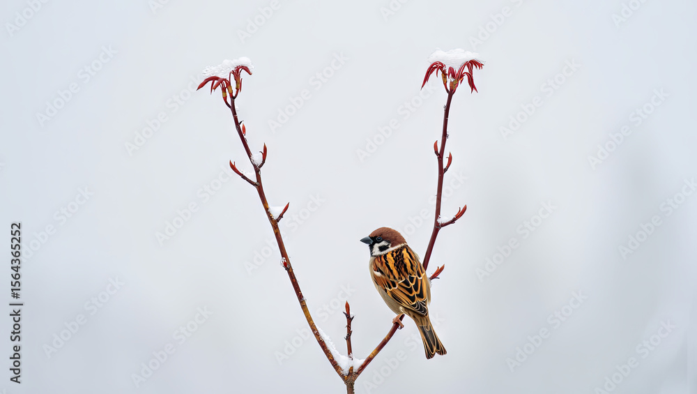 Poster a sparrow sits quietly on a thin branch with fresh snow, surrounded by soft gray tones of winter. th
