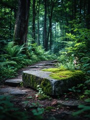 Lush forest path with mossy stone