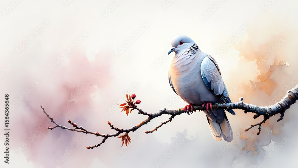 Poster a pigeon is resting on a delicate branch adorned with budding leaves, while the backdrop showcases a