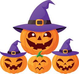 Fototapeta premium Four happy cartoon pumpkins wearing purple witch hats for halloween celebration