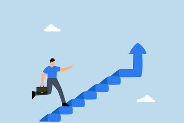 Obraz premium businessman climbs ladder of success with arrow.