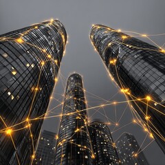 Futuristic Skyscrapers Connected by Network Lines in City Skyline