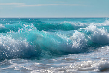Infinite Turquoise: Capturing the Mesmerizing Dance of Ocean Waves Under Azure Skies with Shimmering Sunlit Crests
