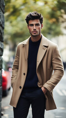 AI generated illustration of a fashionable young male model wearing a beige coat and dark sweater, posing confidently on a modern city street with blurred autumn background. Trendy urban lifestyle con