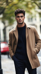AI generated illustration of a fashionable young male model wearing a beige coat and dark sweater, posing confidently on a modern city street with blurred autumn background. Trendy urban lifestyle con