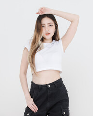 Fashionable photo concept confident woman model asian beautiful female wearing trendy white top...