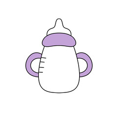 A baby bottle with a purple top