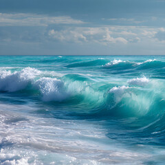 Infinite Turquoise: Capturing the Mesmerizing Dance of Ocean Waves Under Azure Skies with Shimmering Sunlit Crests