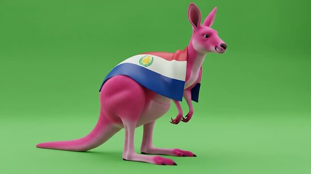 Pink Kangaroo with Paraguay Flag on Green Screen Background
