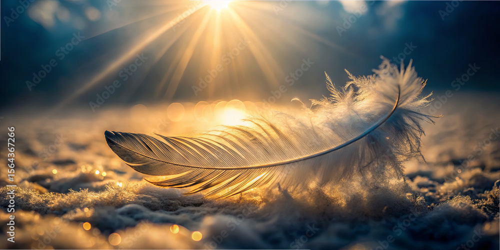 Poster soft golden sunlight filters through the trees, highlighting a single feather gently resting on a te