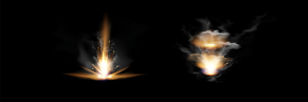Gun flashes with smoke and fire sparkles. Pistol shots clouds, muzzle shotgun explosion. Blast motion, weapon bullets trails isolated on black background