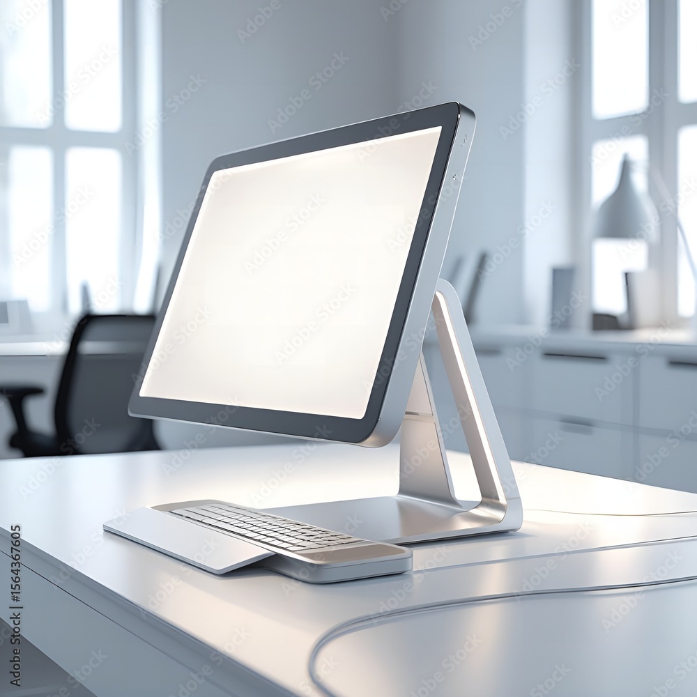 Poster modern minimalist office desk with a sleek all in one computer and keyboard illuminated by natural l