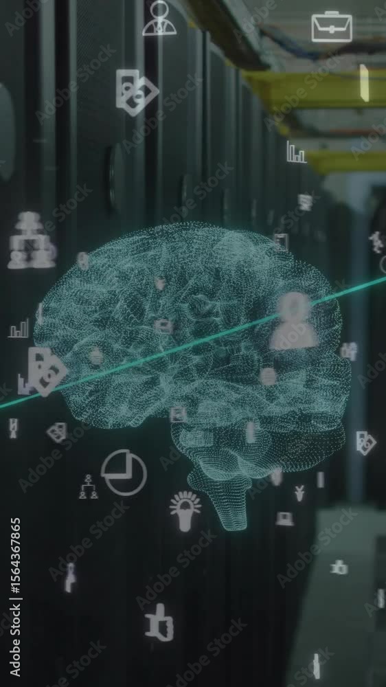 Poster animation of ai data processing and brain over computer servers