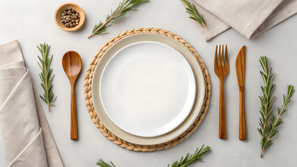 Table Setting Elegance: A top-down view of an empty plate, a warm and inviting scene. Featuring a placemat, fork, knife, spoon, and sprigs of rosemary and peppercorns, creating a beautiful.