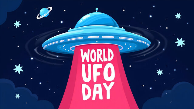 Celebration of World UFO Day Featuring a Cartoonish Flying Saucer and Cosmic Elements