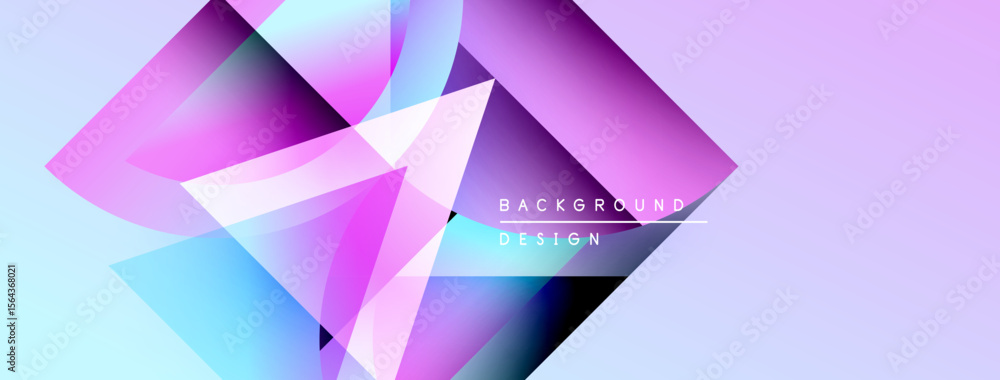 Poster abstract geometric shapes overlap, creating vibrant purple, blue gradients. background features text