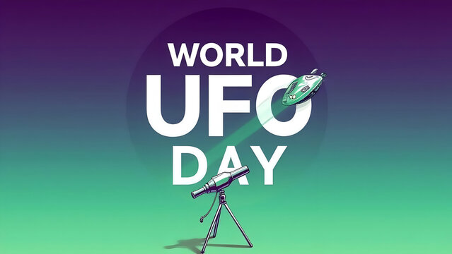 Celebrate World UFO Day with a telescope and a flying saucer illustration for the extraterrestrial event.
