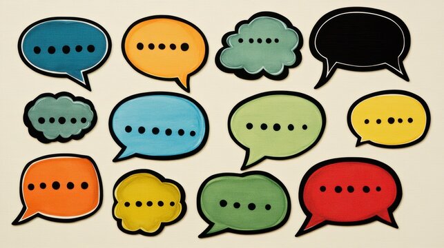 Colorful speech bubbles arranged on a beige background, representing communication and dialogue.