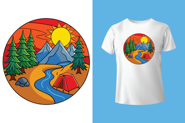 Camping t-shirt design. Adventure t-shirt design vector. Outdoor t-shirt design. Made with mountain, silhouette, trees, retro, vintage, grunge style. Design for nature lover tee |