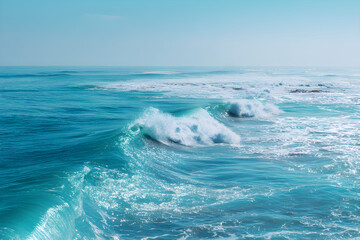 Infinite Turquoise: Capturing the Mesmerizing Dance of Ocean Waves Under Azure Skies with Shimmering Sunlit Crests
