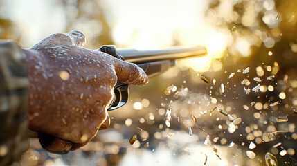 Detailed image of hunter aiming firearm, showcasing action of shooting with bullets and debris flying. scene captures