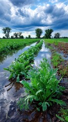 Flooded field under dramatic sky