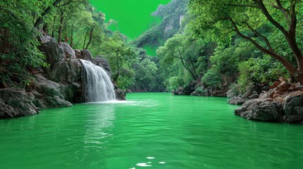 Lush green jungle river scene