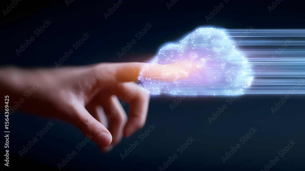 Poster a hand touches a glowing digital cloud icon, symbolizing cloud computing and data transfer in a futu