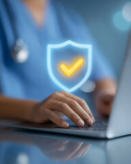 A healthcare professional uses a laptop with a digital shield and checkmark symbol representing data security and protection in medical technology.