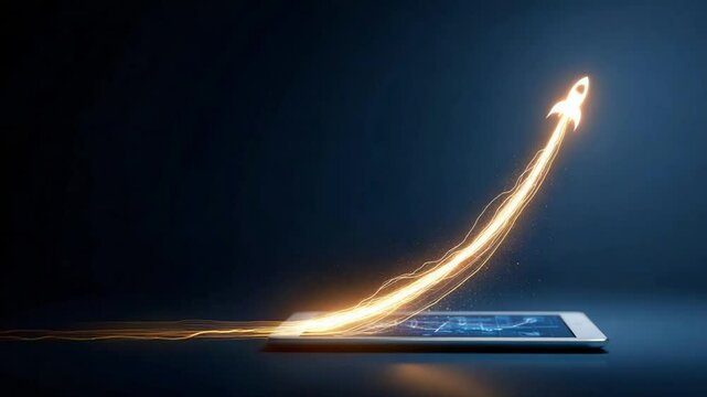 Tablet rocket launch represents business startup and growth, mobile app and technology innovation,